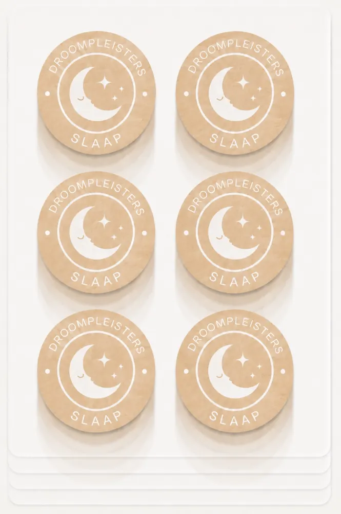 Stickervel met zes ronde kraft Droompleisters met het maanlogo